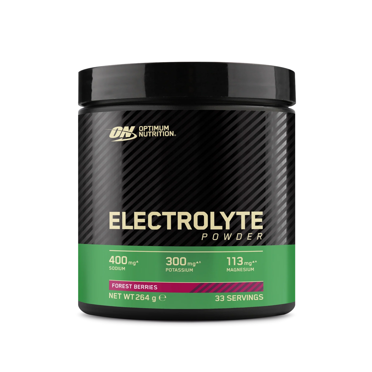 Optimum Nutrition Electrolyte Powder 264 g i en svart burk med gröna detaljer för smaken Forest Berries.