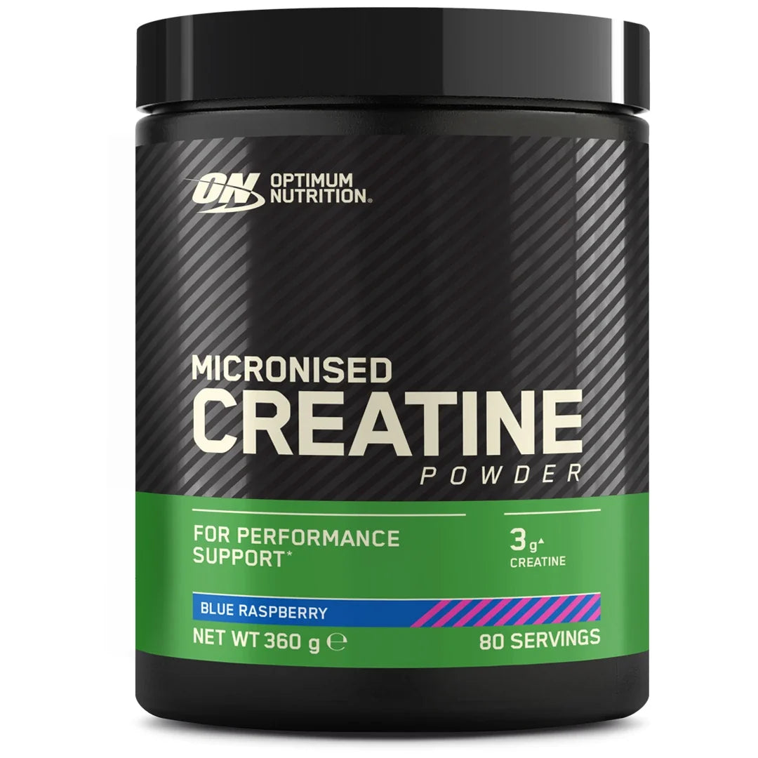 Optimum Nutrition Creatine Powder 360 g, en svart burk med gröna detaljer i smaken Blue Raspberry., bild 1 av 1