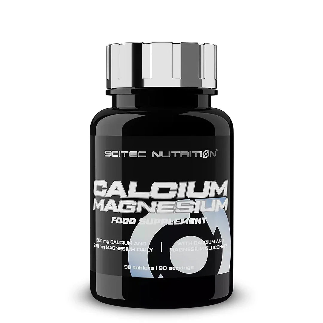 Scitec Nutrition Calcium-Magnesium 90 tabs kosttillskott i en svart burk med silverlock.