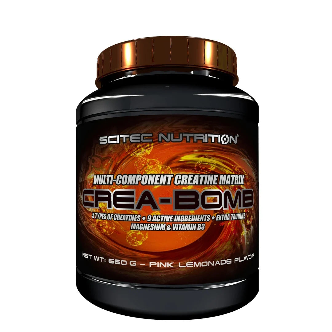 Scitec Nutrition Crea-Bomb 660 g kreatinblandning i en svart burk med bronsfärgat lock och smak av Pink Lemonade., bild 1 av 1