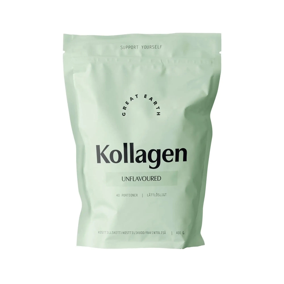 Great Earth Kollagen 400 g kollagenpulver med naturell smak, förpackad i en ljusgrön påse.