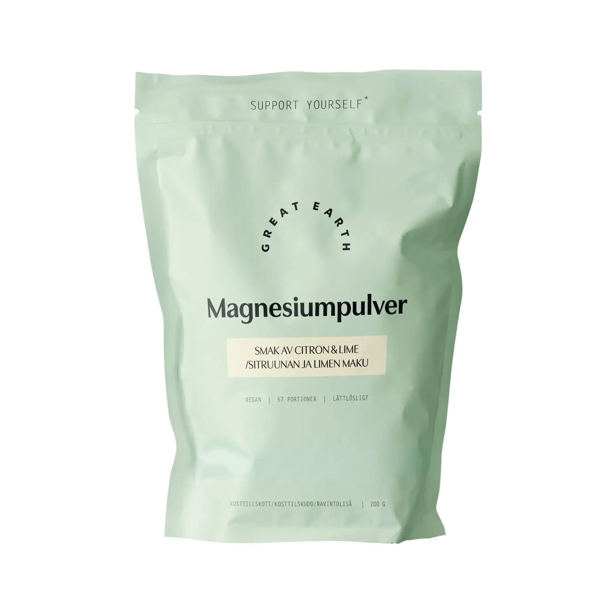 Great Earth Magnesiumpulver 200 g i en ljusgrön påse med smak av citron och lime.