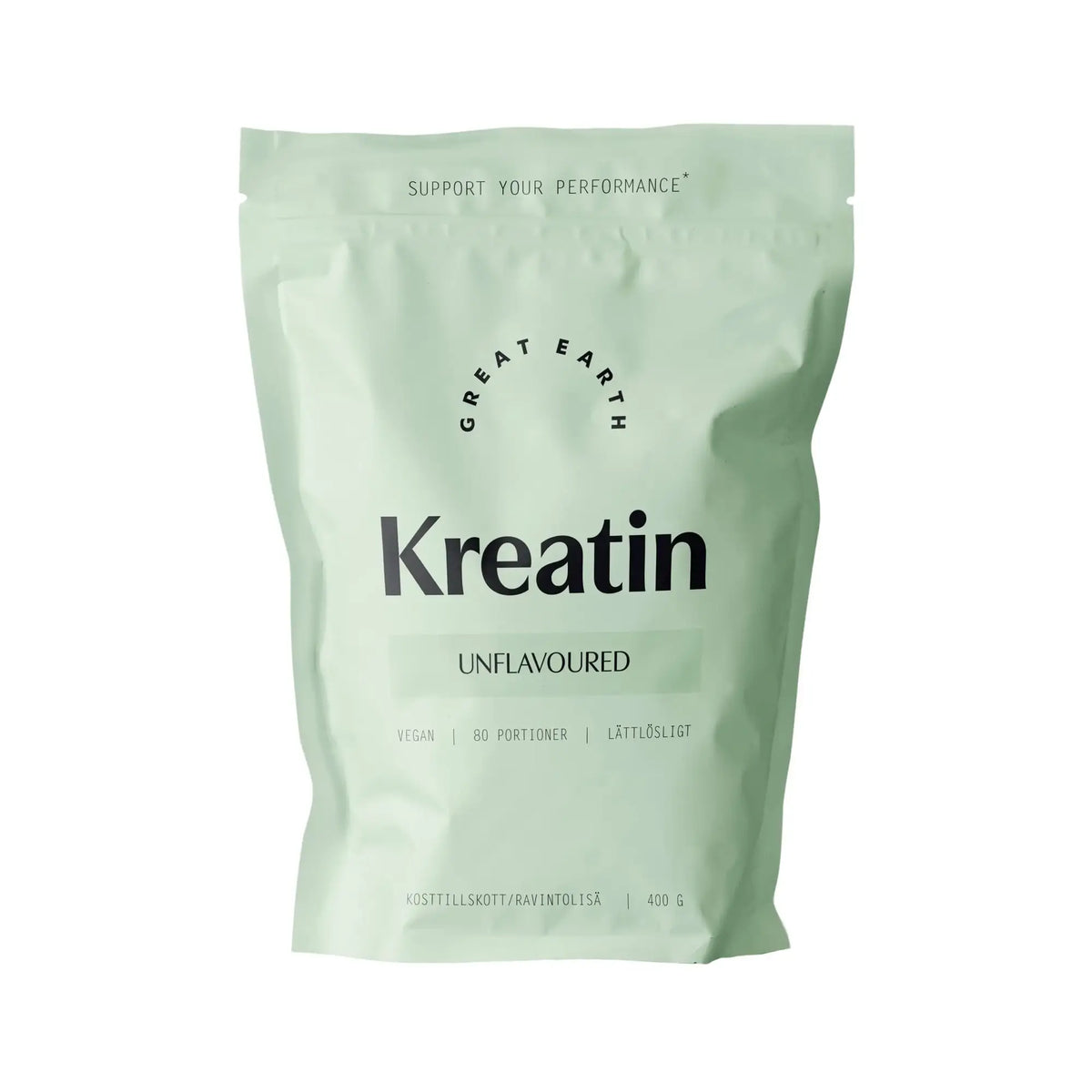 Great Earth Kreatin 400 g pulver i en ljusgrön påse med naturell smak., bild 1 av 1