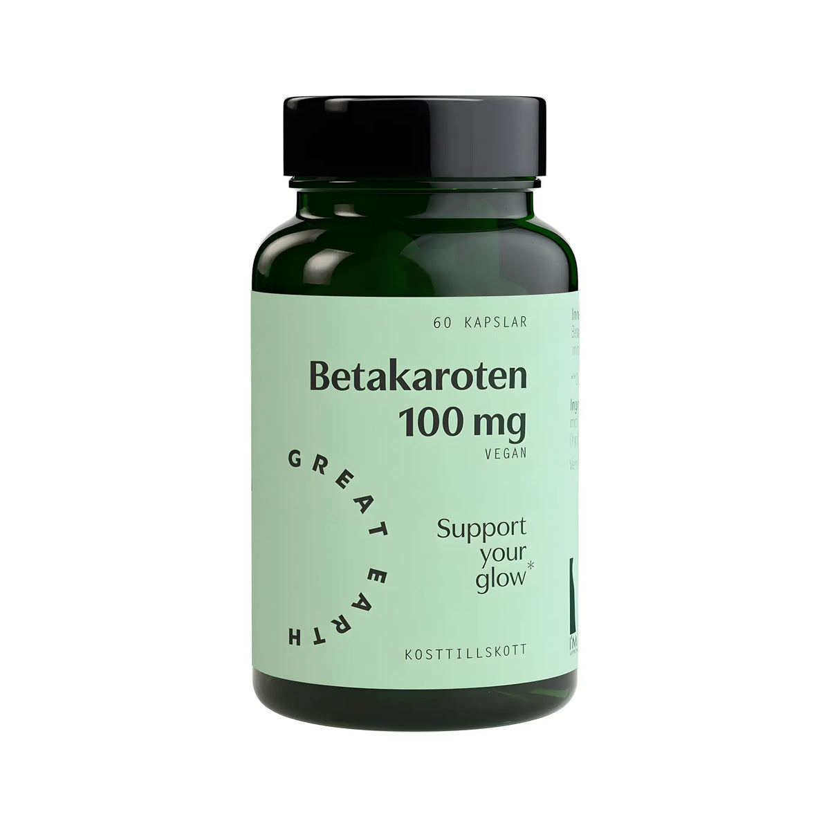Great Earth Betakaroten 60 caps, ett veganskt kosttillskott i en mörkgrön burk med ljusgrön etikett och svart lock.
