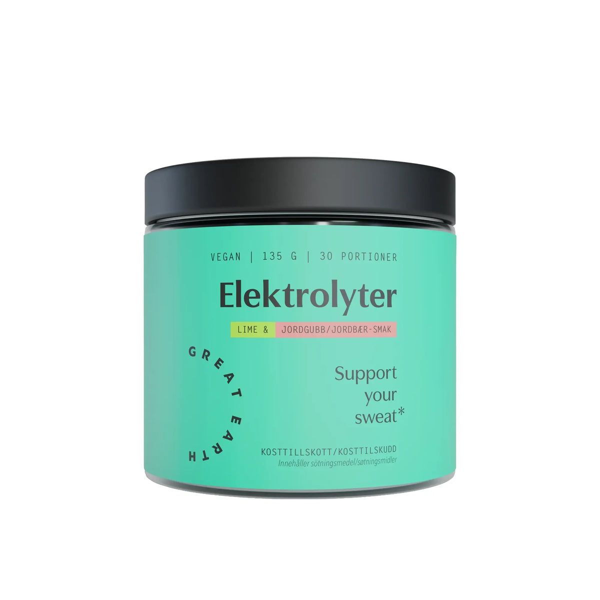 Great Earth Elektrolyter 135 g elektrolytpulver i en turkos burk med svart lock för smaken Jordgubb Lime.