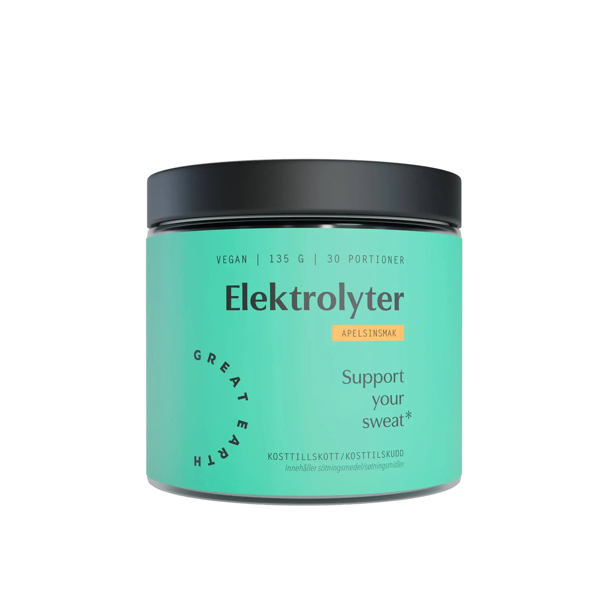 Great Earth Elektrolyter 135 g elektrolytpulver i en turkos burk med svart lock för smaken Apelsin.