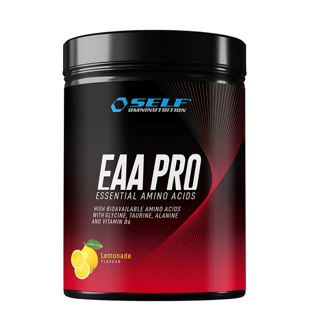 Self Omninutrition EAA PRO 400 g aminosyrapulver i en svart burk med röda detaljer och smaken Lemonade.
