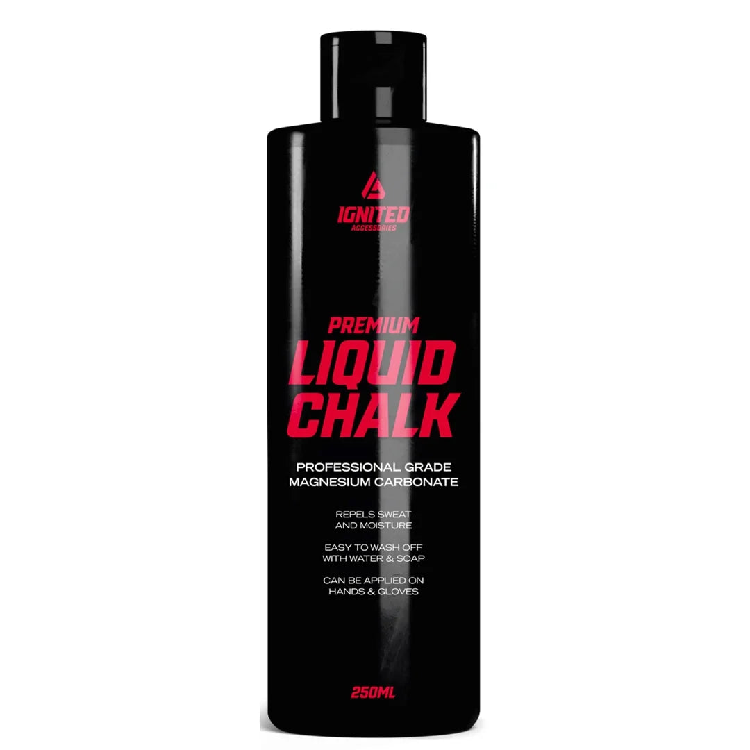 Ignited Liquid Chalk 250 ml flytande kalk i en svart flaska med röd text, för bättre grepp vid träning., bild 1 av 1