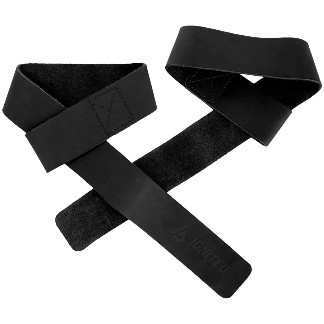 Ignited Premium Adjustable Leather Straps i svart läder med justerbar design och präglad logotyp för tunga dragövningar., bild 1 av 1