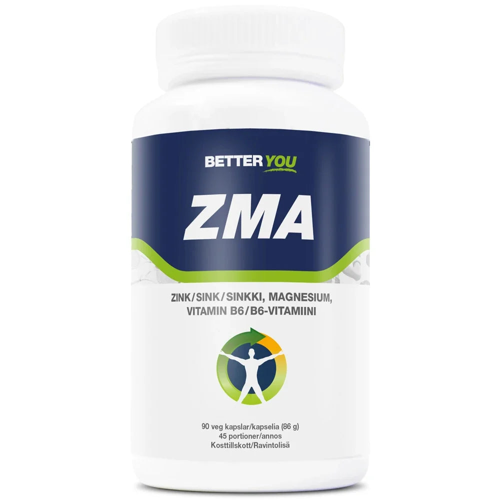 Better You ZMA 90 caps kosttillskott förpackat i en vit burk med mörkblå och gröna detaljer., bild 1 av 1