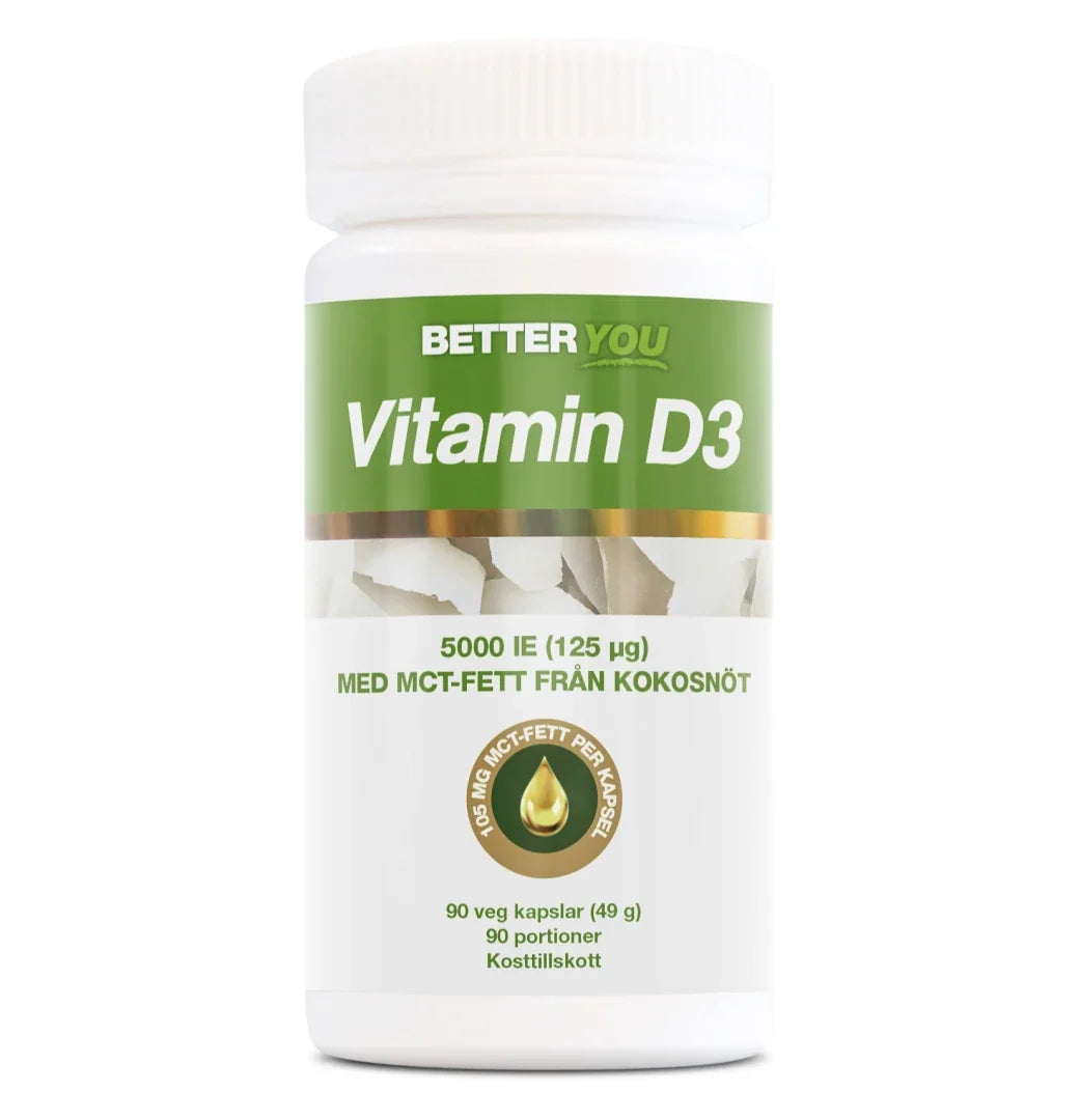Better You Vitamin D3 5000IE + MCT 90 caps i en vit plastburk med grön och vit etikett.