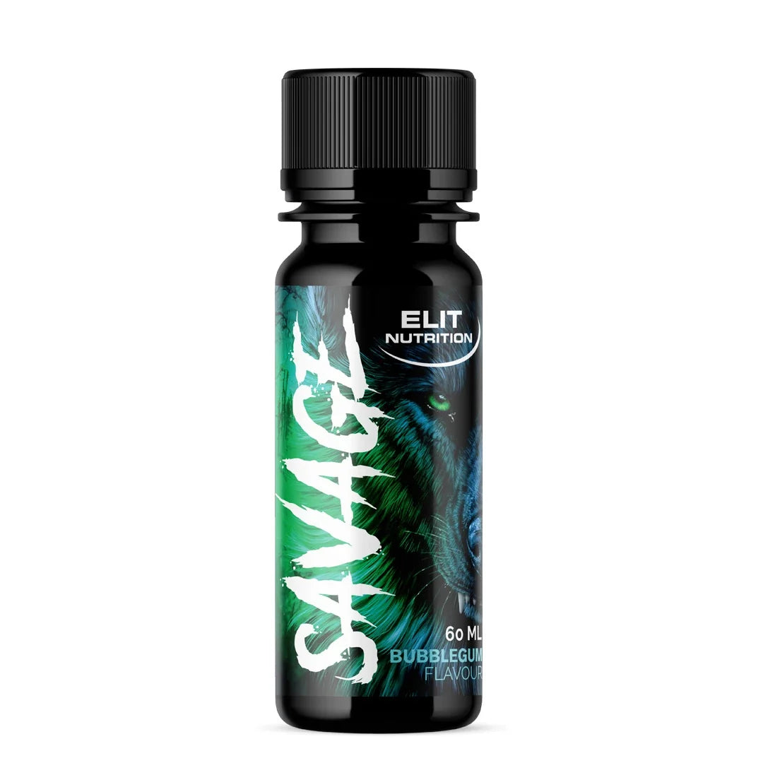Elit Nutrition Savage PWO Shot 60 ml i en svart flaska med grön varggrafik och text för smaken Bubblegum., bild 1 av 1