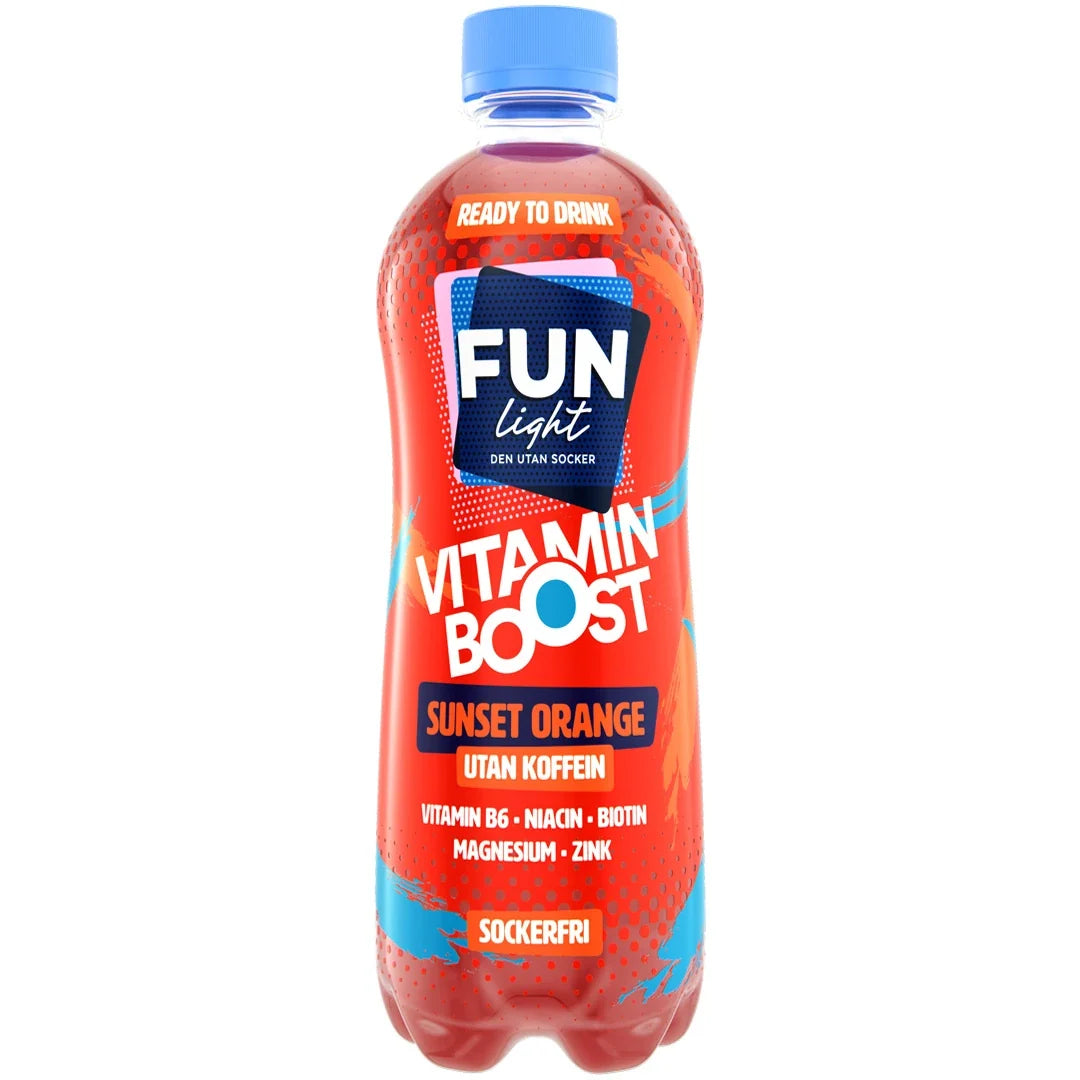 FUN Light Vitamin Boost 500 ml dryckeskoncentrat i en plastflaska med röd etikett för smaken Sunset Orange., bild 1 av 3