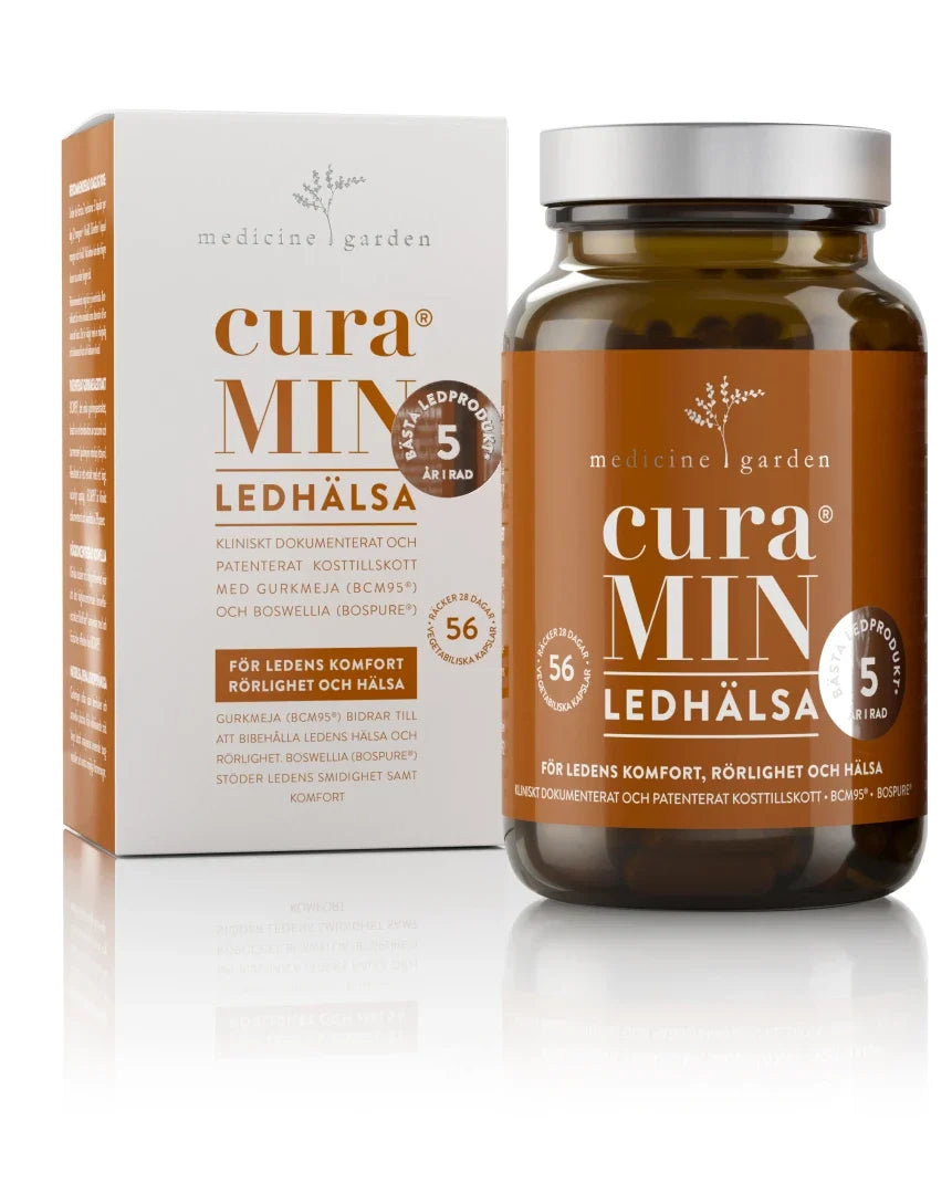 MedicineGarden curaMIN Ledhälsa 56 caps kosttillskott, bestående av en brun burk och en vit ask med orange detaljer., bild 1 av 1