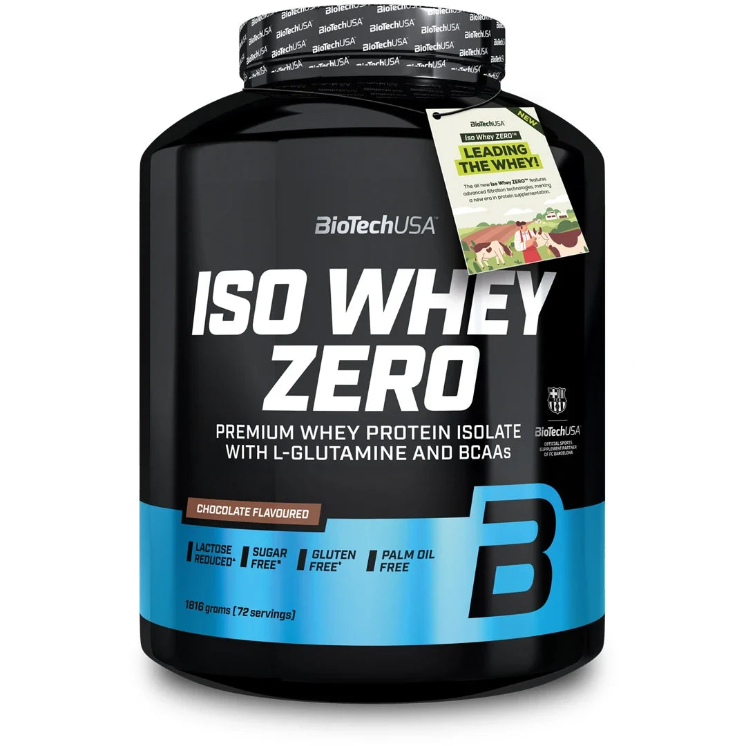 BioTechUSA Iso Whey Zero 1816 g Proteinpulver i en svart burk med ljusblå detaljer för smaken Chocolate., bild 5 av 11
