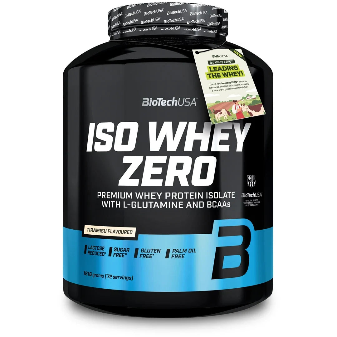 BioTechUSA Iso Whey Zero 1816 g Proteinpulver i en svart burk med ljusblå detaljer för smaken Tiramisu., bild 11 av 11
