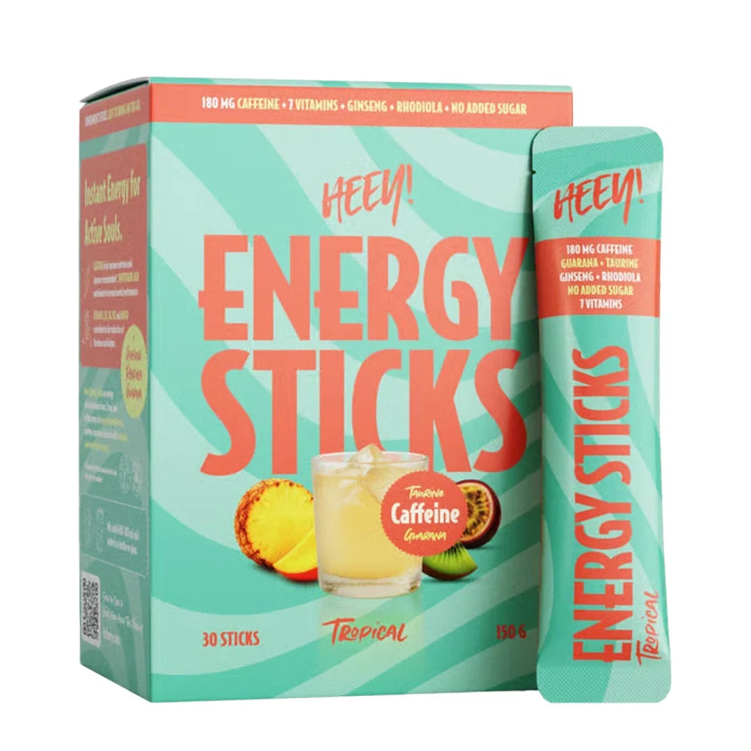 Heey! Energy Sticks Koffein + Guarana i en turkos ask och portionssticka med smaken Tropical.