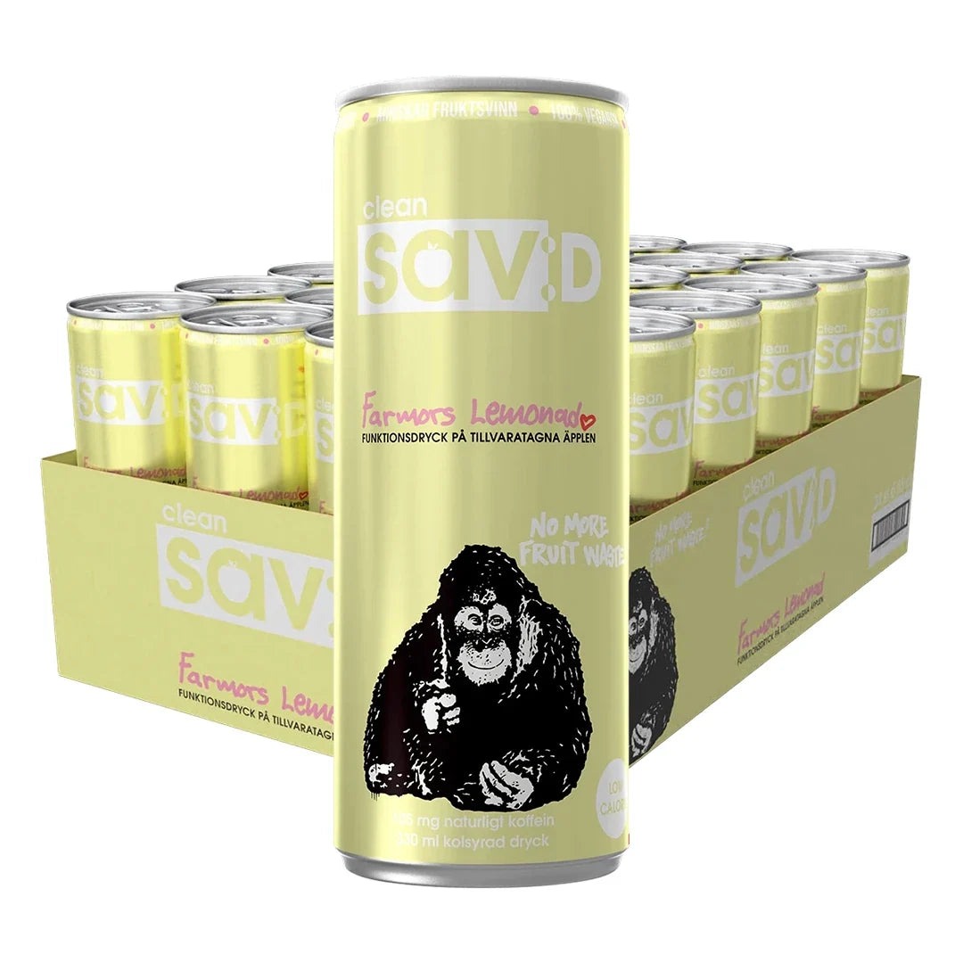 24 x Clean sav:D 330 ml Farmors Lemonad i ett gult flak med matchande gula burkar och illustration av en apa., bild 1 av 1