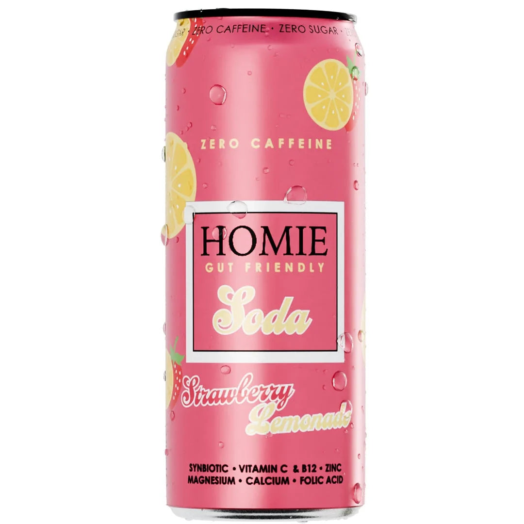 Homie Soda Synbiotic 330 ml vitamindryck i en rosa burk med kondensdroppar för smaken Strawberry Lemonade., bild 1 av 3