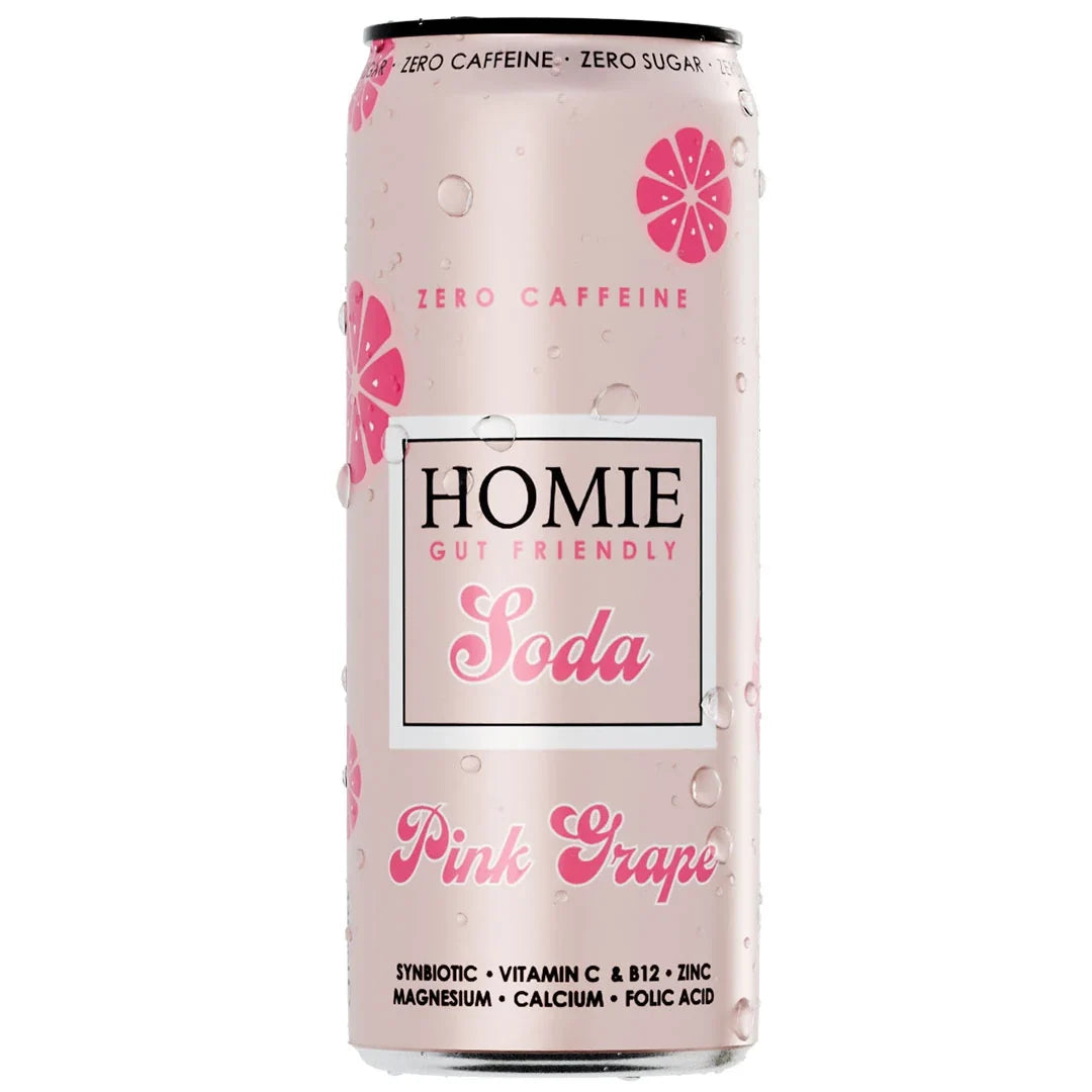 Homie Soda Synbiotic 330 ml vitamindryck i en ljusrosa burk med vattendroppar för smaken Pink Grapefruit.
