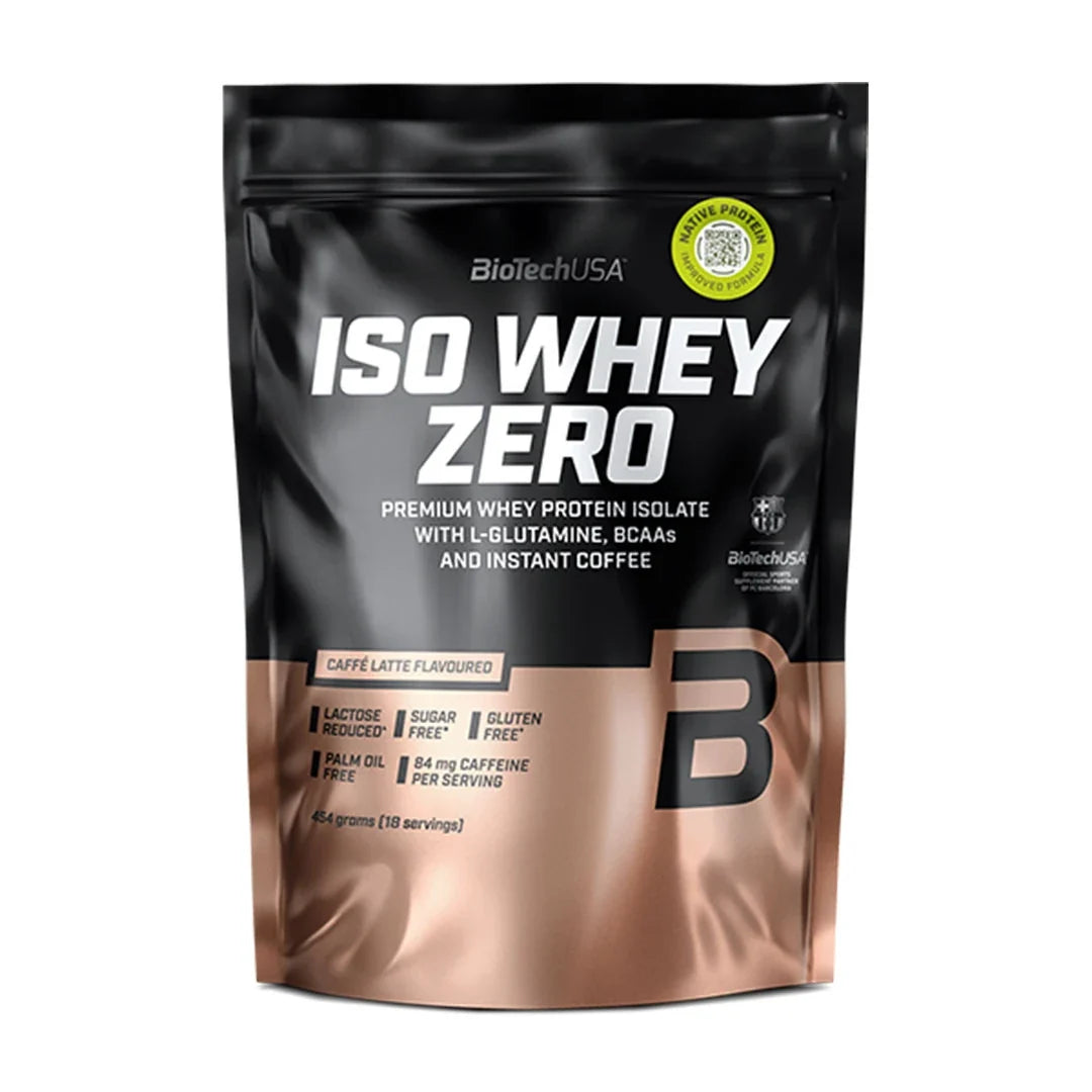 BiotechUSA Iso Whey Zero 454 g proteinpulver i en svart och kopparfärgad påse för smaken Caffé Latte., bild 2 av 12