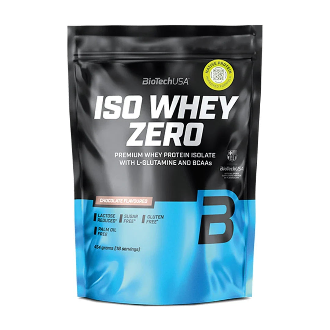 BiotechUSA Iso Whey Zero 454 g proteinpulver i en svart och ljusblå påse för smaken Chocolate., bild 4 av 12