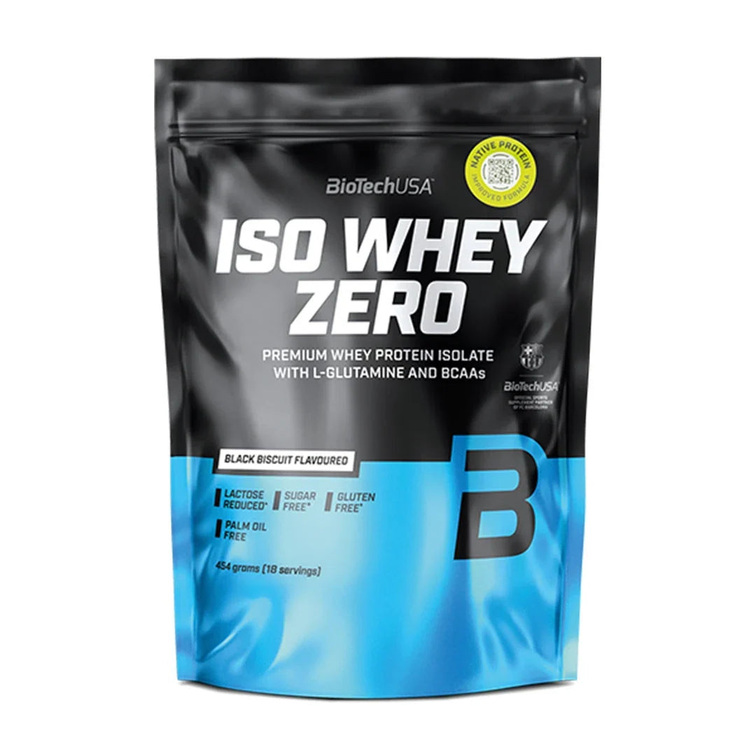 BiotechUSA Iso Whey Zero 454 g proteinpulver i en svart och blå påse för smaken Black Biscuit., bild 5 av 12