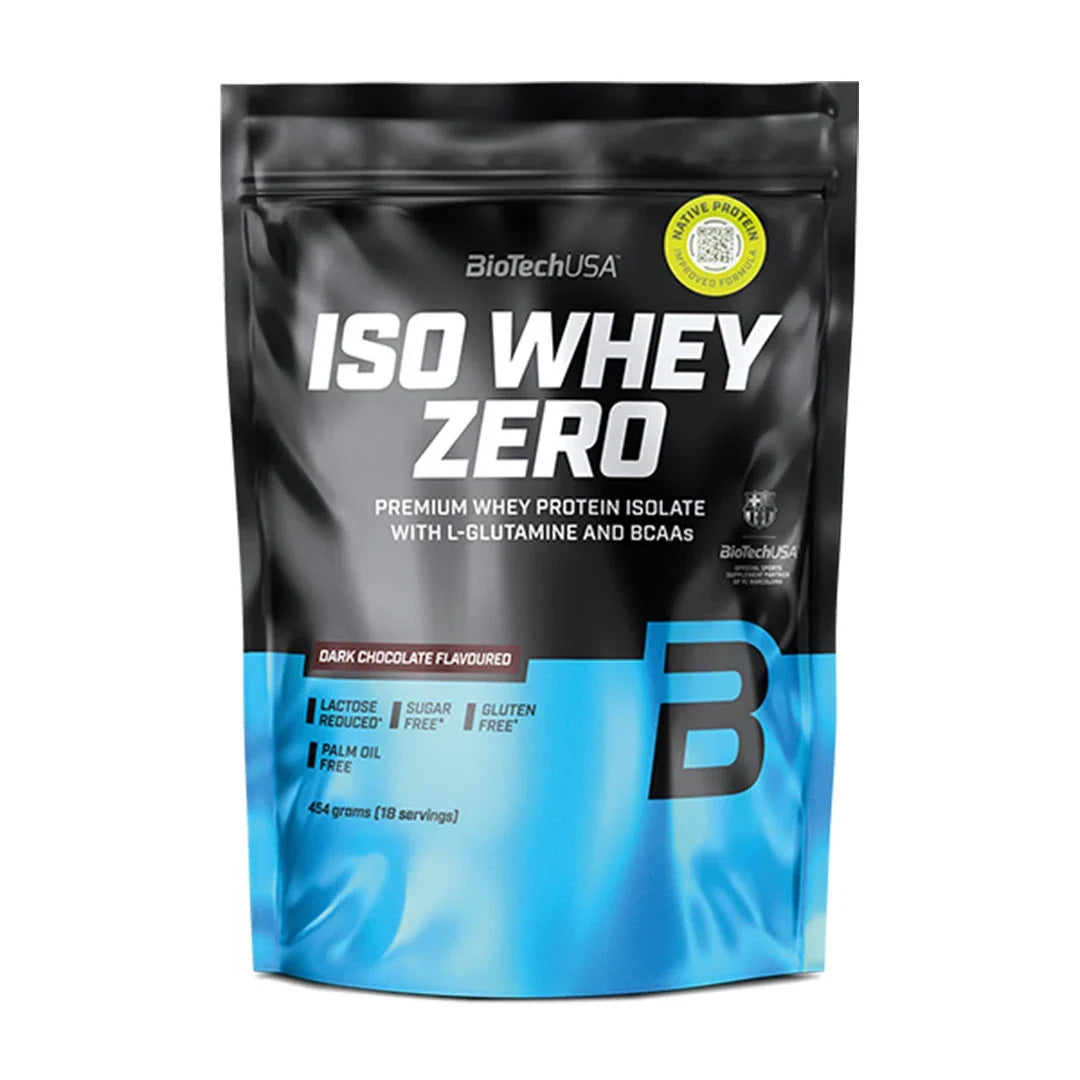 BiotechUSA Iso Whey Zero 454 g proteinpulver i en svart och blå påse för smaken Dark Chocolate., bild 6 av 12