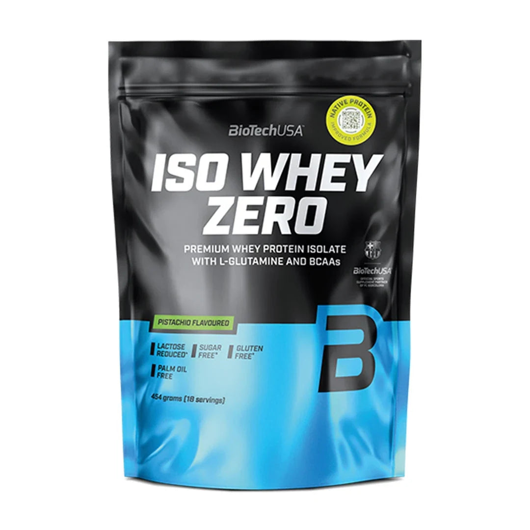 BioTechUSA Iso Whey Zero 454 g proteinpulver i en svart och ljusblå påse för smaken Pistachio., bild 9 av 12