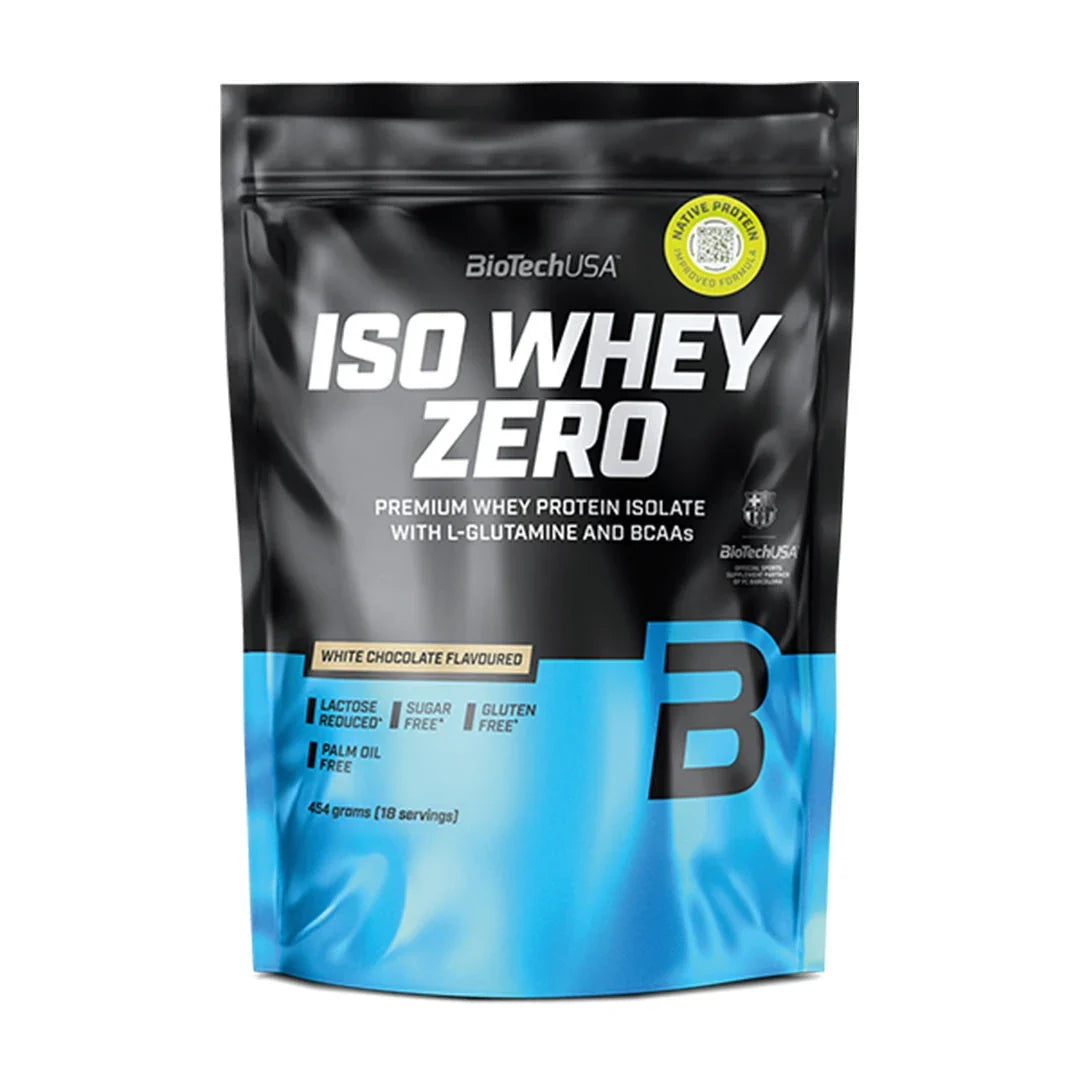 BiotechUSA Iso Whey Zero 454 g proteinpulver i en svart och blå påse för smaken White Chocolate., bild 12 av 12