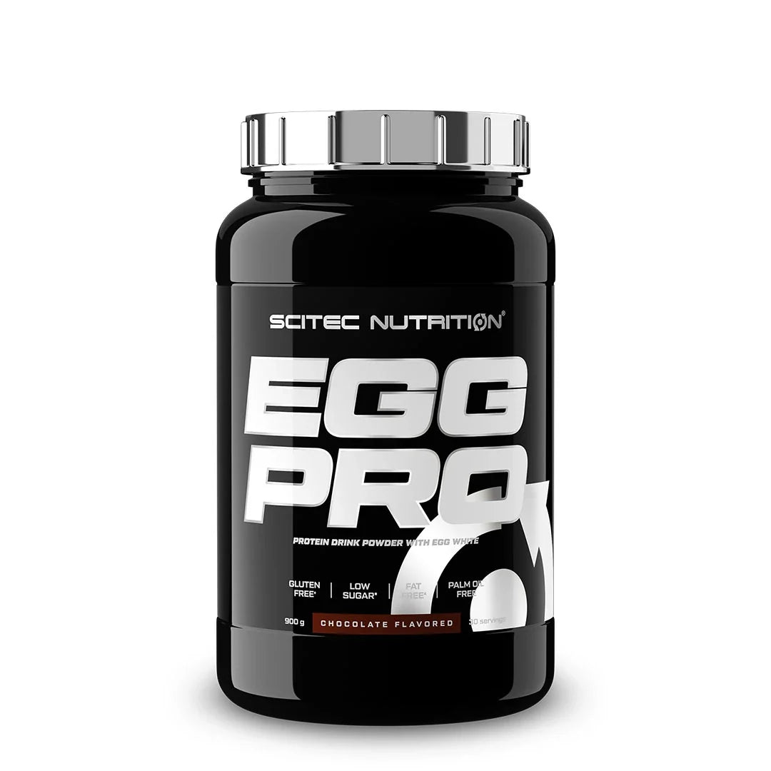 Scitec Nutrition Egg Pro 900 g äggprotein i en svart burk med silverlock och chokladsmak., bild 1 av 1