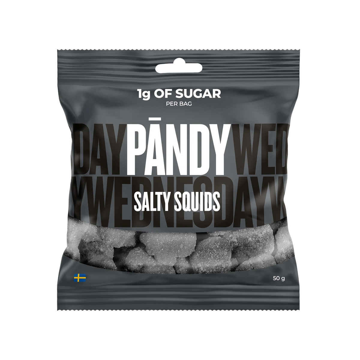 Pändy Candy 50 g Salty Squids i en mörkgrå godispåse som visar de sockrade saltlakritsbitarna.