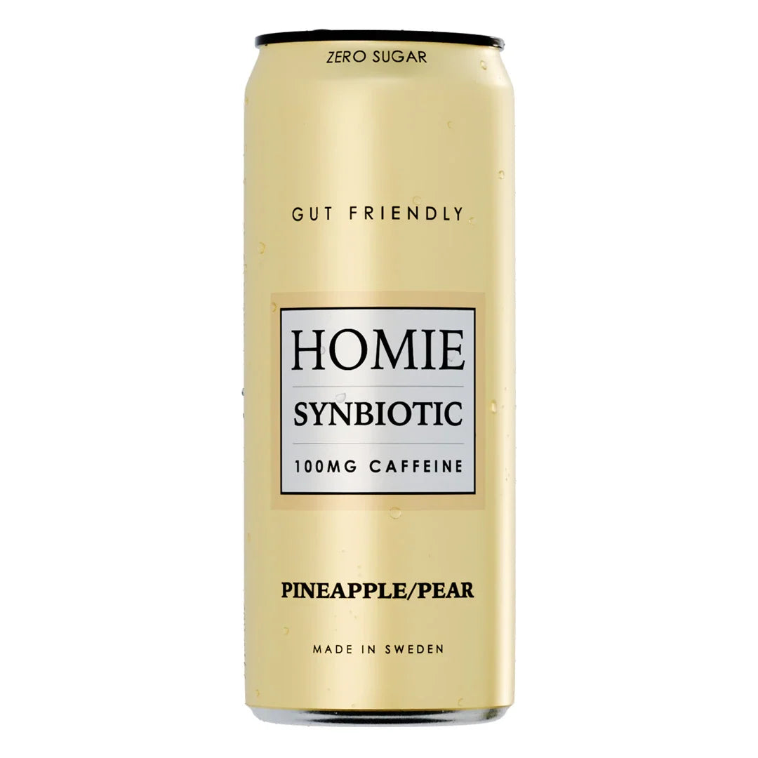 Homie Wake Up Synbiotic 330 ml kolsyrad dryck i en ljusgul burk för smaken Pineapple Pear., bild 8 av 10