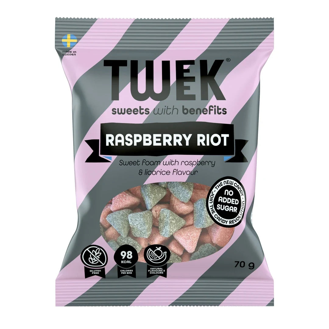 Tweek Sweets 70 g skumgodis i en rosa och grå randig påse för smaken Raspberry Riot., bild 2 av 4