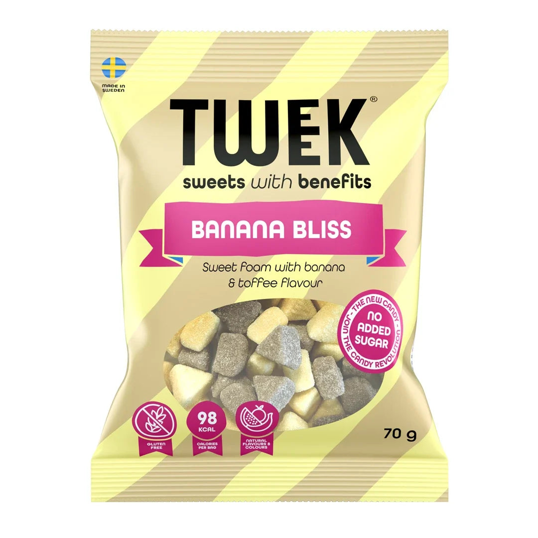 Tweek Sweets 70 g skumgodis i en ljusgul och beige randig påse för smaken Banana Bliss., bild 3 av 4