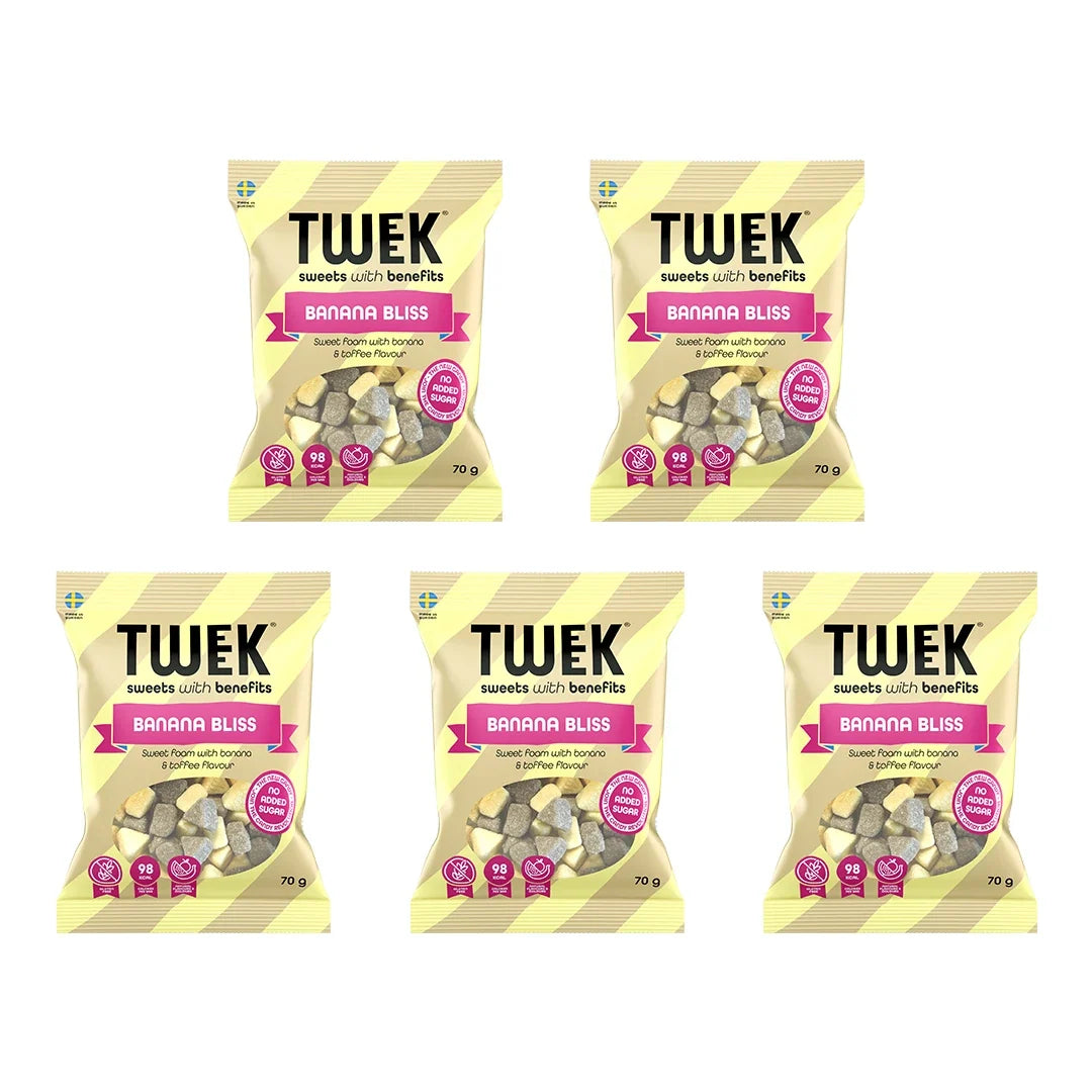 5 x Tweek Sweets 70 g Banana Bliss i gulrandiga godispåsar med rosa detaljer.