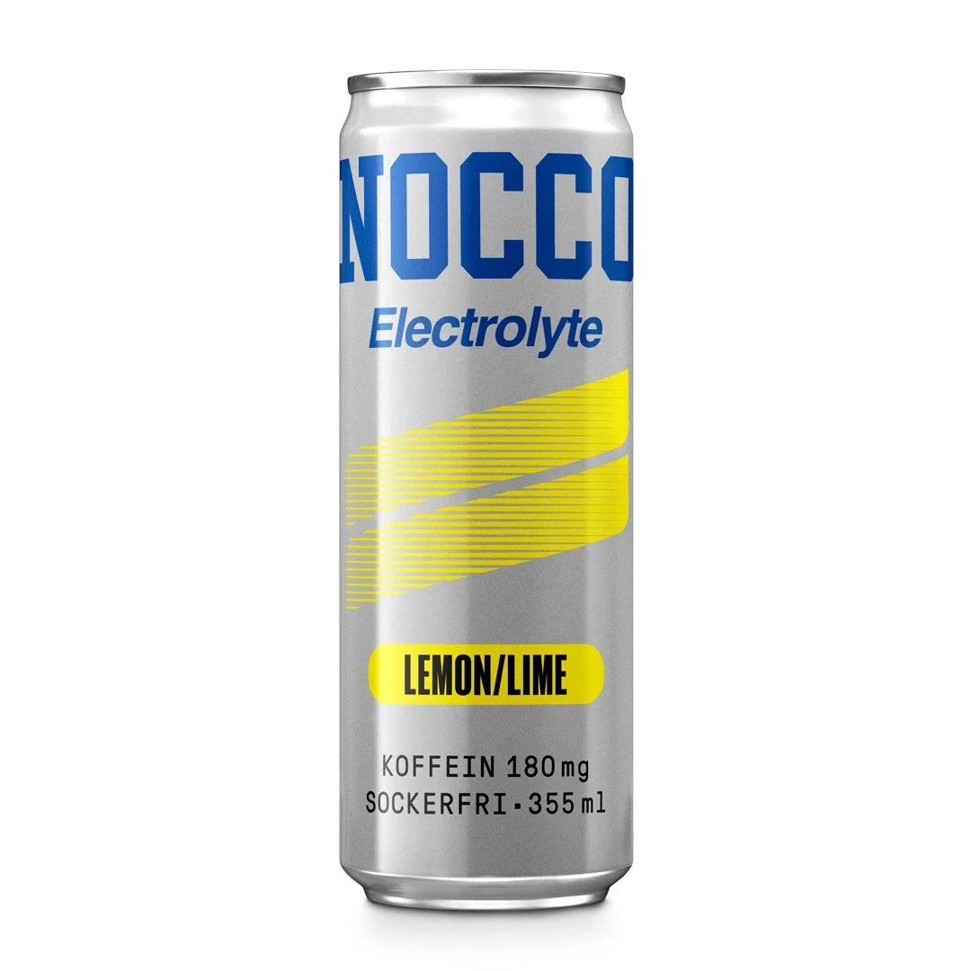 NOCCO Electrolyte 355 ml i en silverfärgad burk med blå och gula detaljer för smaken Lemon Lime., bild 3 av 3