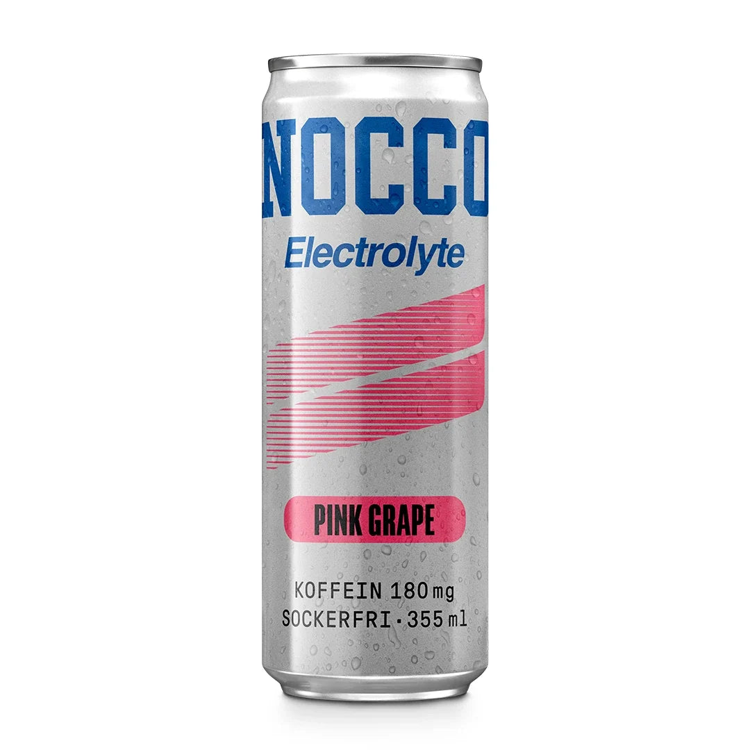 NOCCO Electrolyte 355 ml i en silvrig burk med blå och rosa detaljer för smaken Pink Grape.