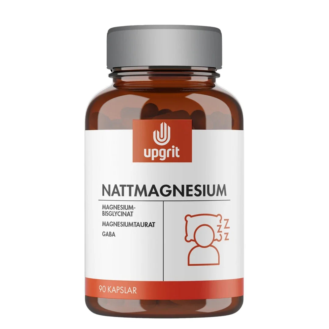 Upgrit Nattmagnesium 90 caps i en brun glasburk med grått lock och vit etikett med röda detaljer., bild 1 av 1