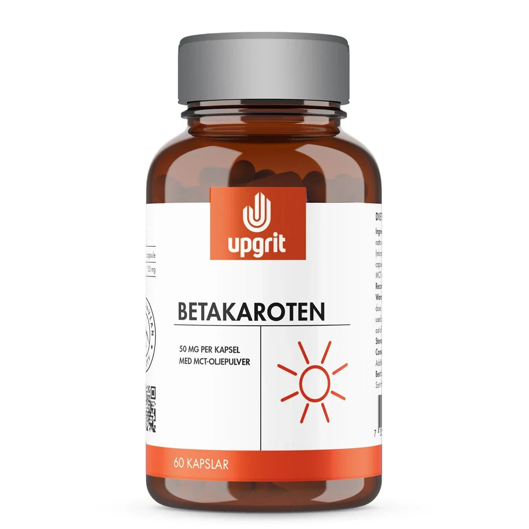 Upgrit Betakaroten 50 mg 60 caps förpackad i en brun burk med grått lock och vit etikett med orange detaljer., bild 1 av 1
