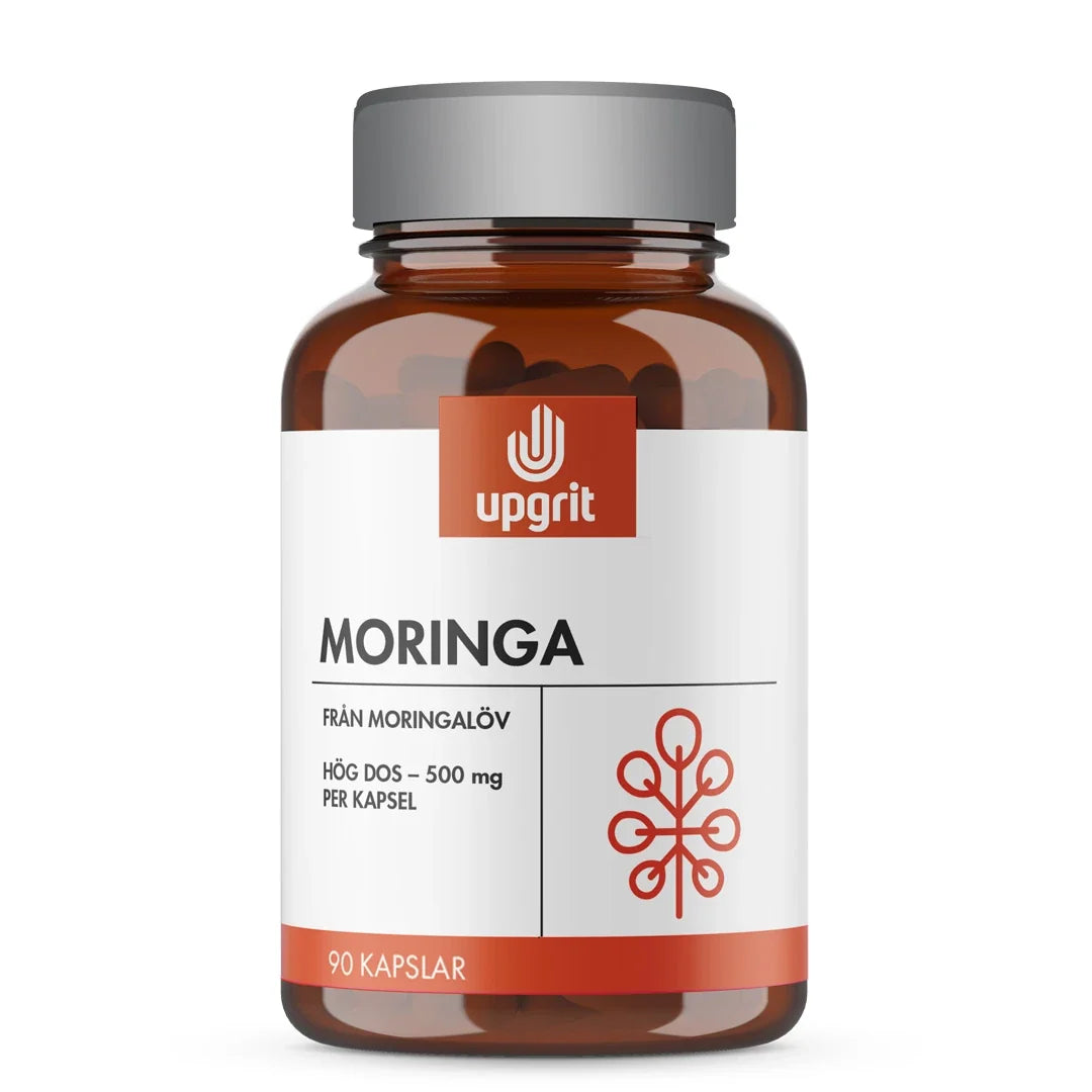 Upgrit Moringa 90 caps i en brun glasburk med vit och orange etikett samt grått lock., bild 1 av 1