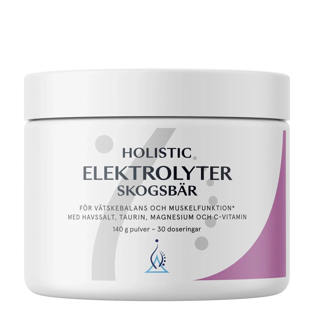 Holistic Elektrolyter 140 g elektrolytpulver i en vit burk med lila detaljer för smaken Skogsbär., bild 1 av 1