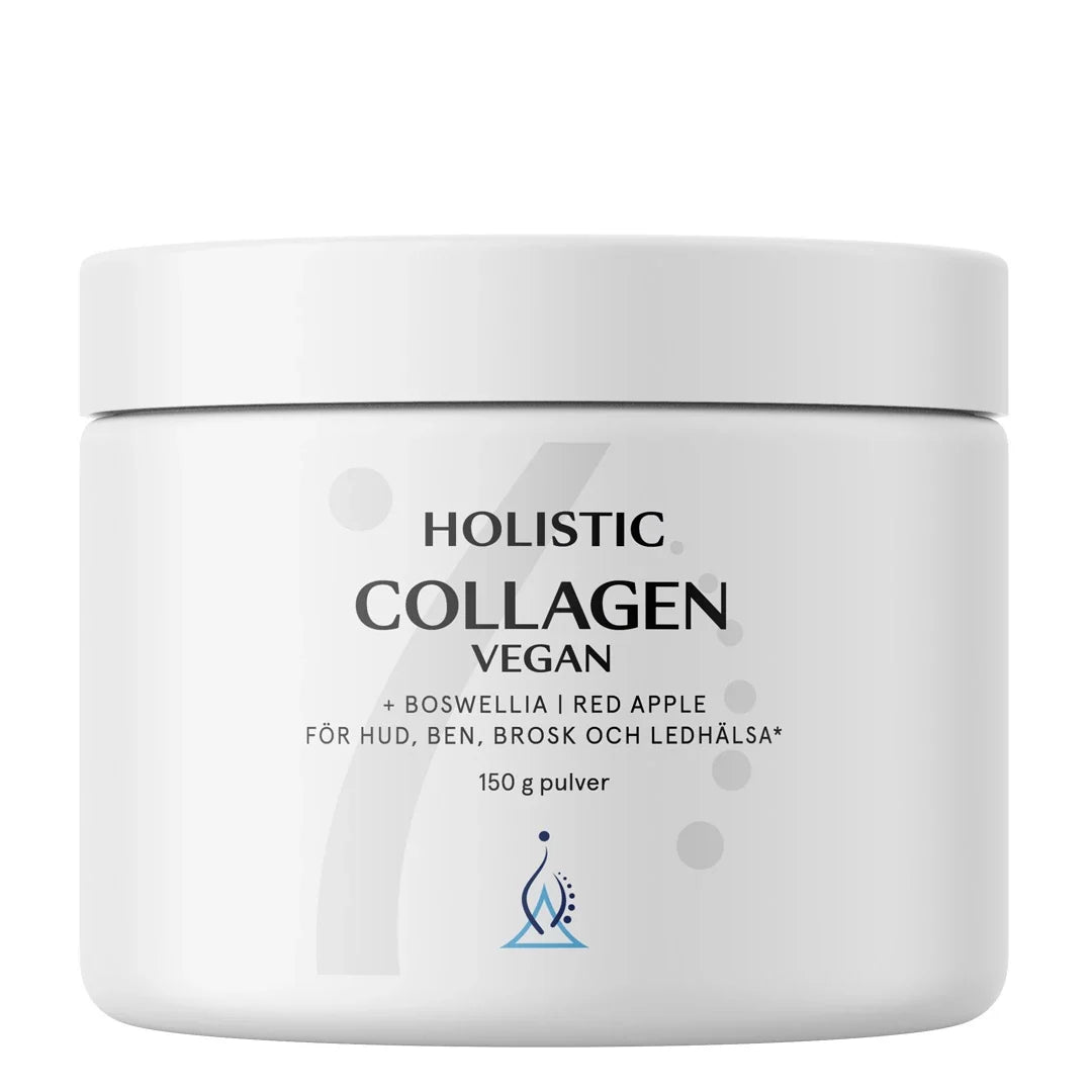 Holistic Collagen Vegan 150 g är ett veganskt kollagentillskott i en vit burk, för hud, ben och ledsystem.