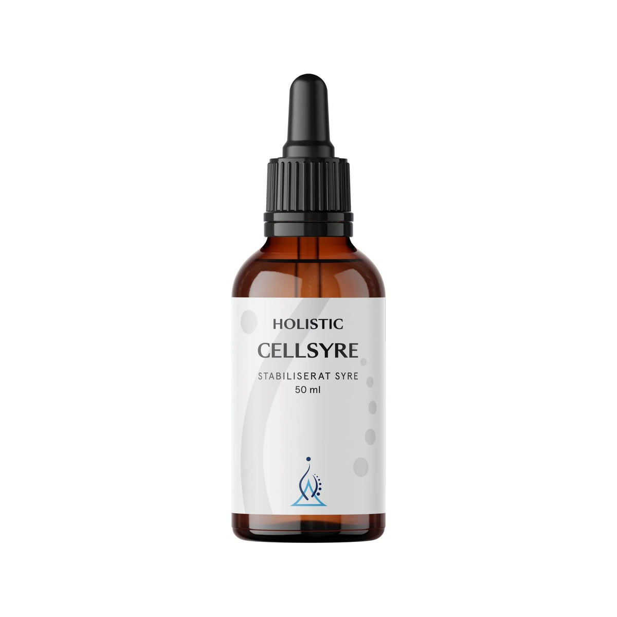 Holistic Cellsyre 50 ml flytande kosttillskott i en brun glasflaska med svart pipett och vit etikett.