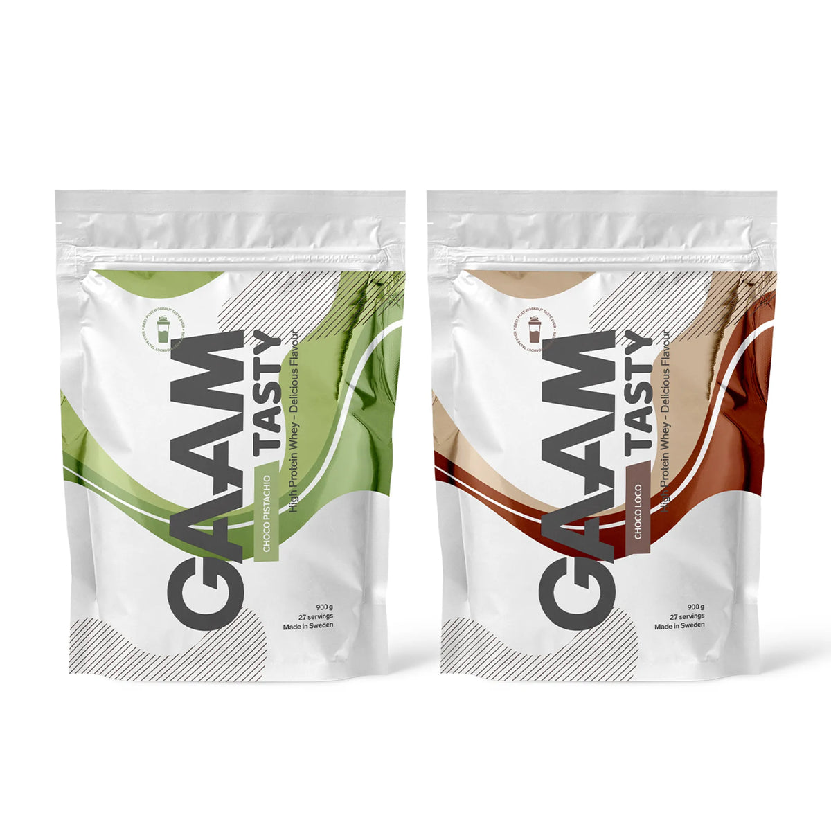 2 x GAAM Tasty Whey Proteinpulver 900 g i två vita påsar med gröna och bruna detaljer för smakerna Choco Pistachio och Choco Loco., bild 1 av 1