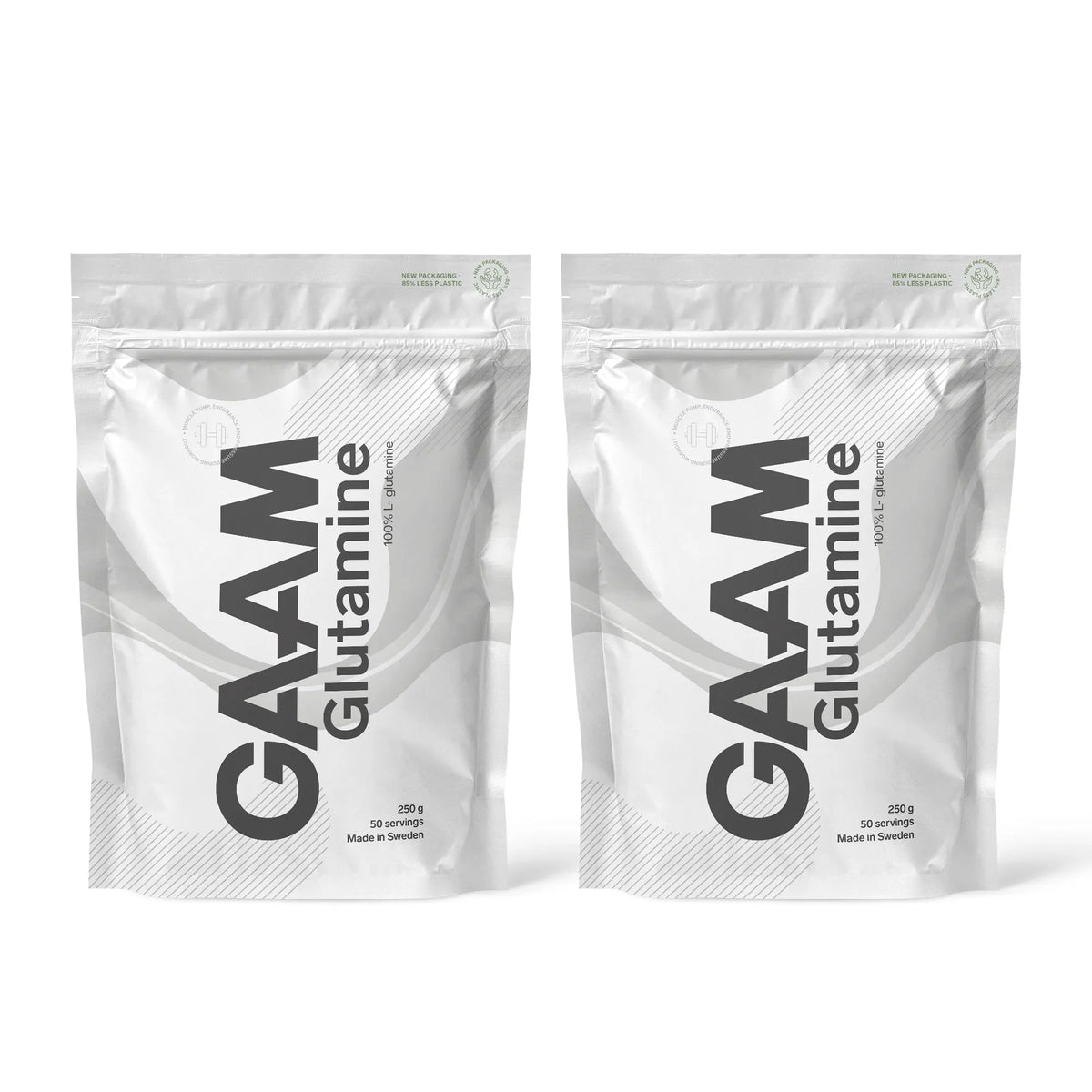 2 x GAAM Glutamine 250 g aminosyror i två vita påsar med gråa detaljer., bild 1 av 1