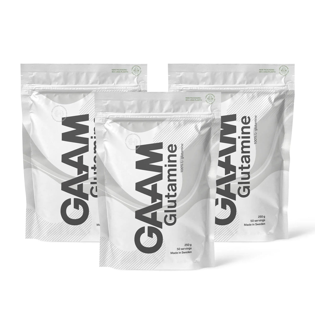 3 x GAAM Glutamine 250 g aminosyror i tre vita påsar med grå och svarta detaljer.