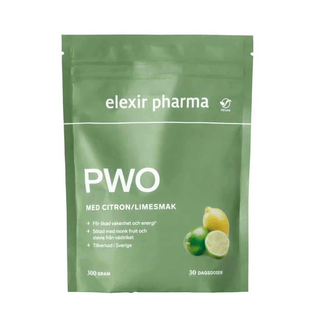 Elexir Pharma PWO 300 g i en grön påse med vit text och illustration av citron och lime., bild 1 av 1