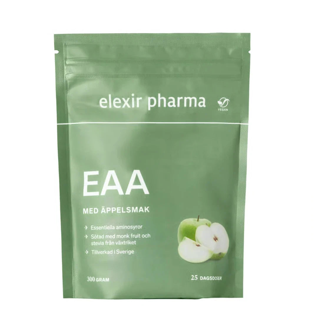 Elexir Pharma EAA 300 g veganska aminosyror i en grön påse för smaken äpple.