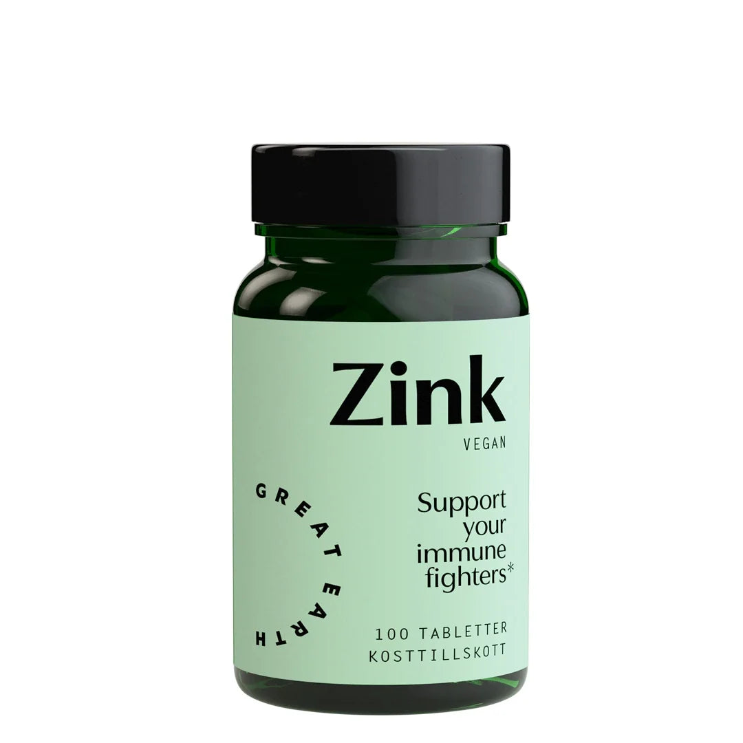 Great Earth Zink 25 mg 100 tabs i en mörkgrön burk med svart lock och ljusgrön etikett., bild 1 av 1